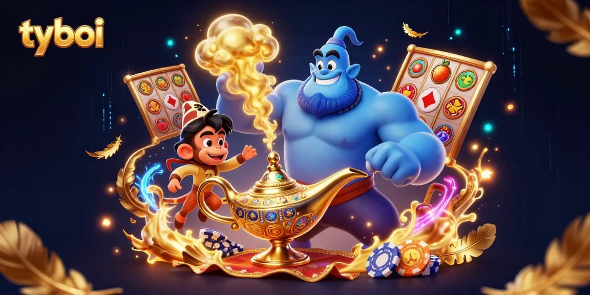 Engage with tyboi's enchanting casino experience featuring a magical genie and vibrant gaming symbols.