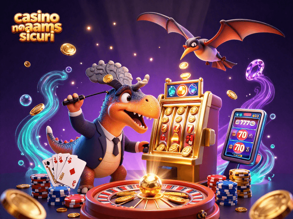Coinvolgi i giocatori con slot machine dorate nei casinò non AAMS sicuri, mentre personaggi preistorici animano l'azione.