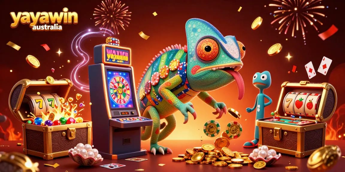 Enjoy the excitement at Yayawin Australia with colorful slots and a chameleon casino owner in a vibrant scene.