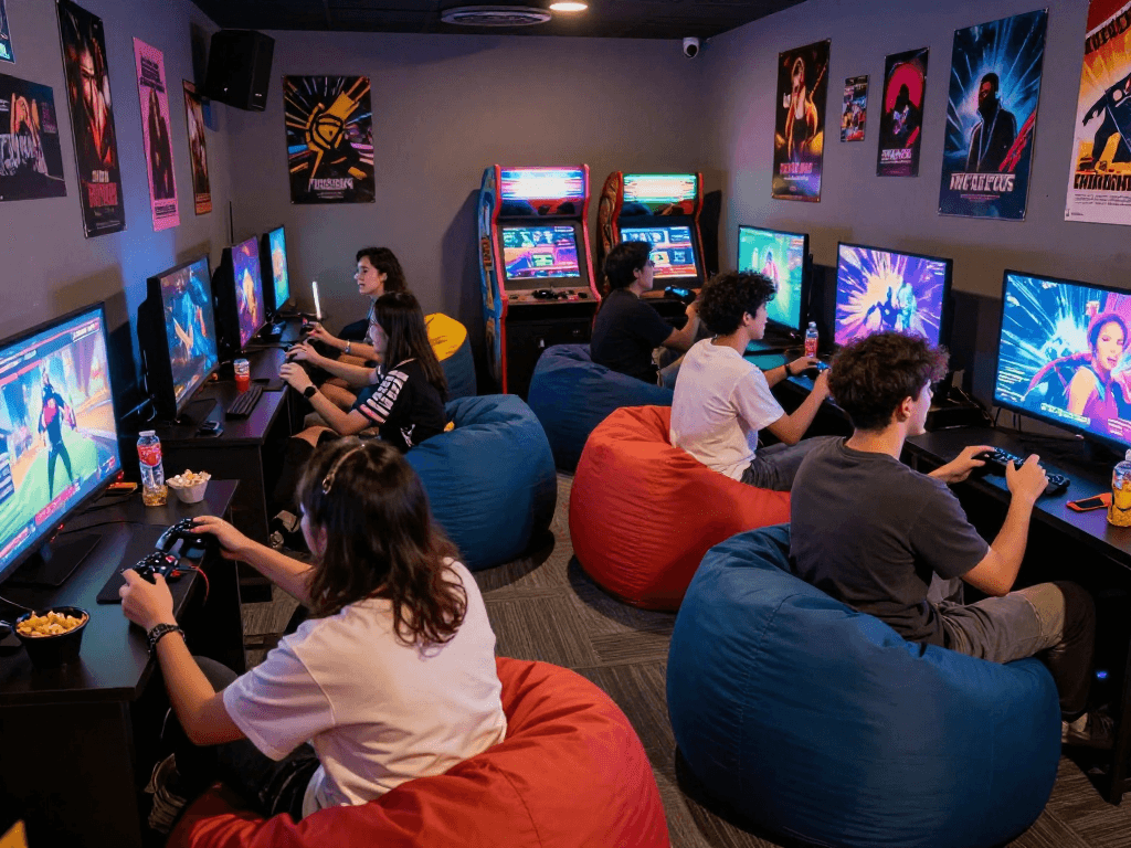 Group enjoying interactive porn game experience in a vibrant gaming lounge.