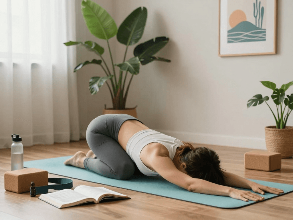 Individual practicing yoga in a serene home setting, mantra88 promoting wellness and tranquility.
