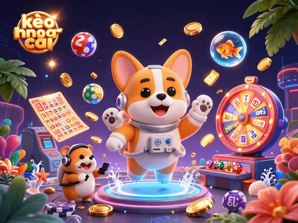 Engage with kèo nhà cái as a cartoon astronaut corgi explores a vibrant space casino filled with games.