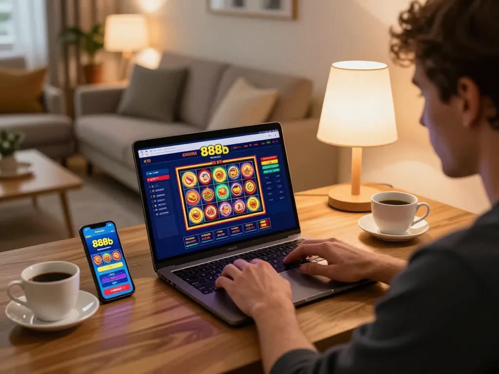 Player engaging with 888b's exciting online casino games on a laptop in a cozy home setting.