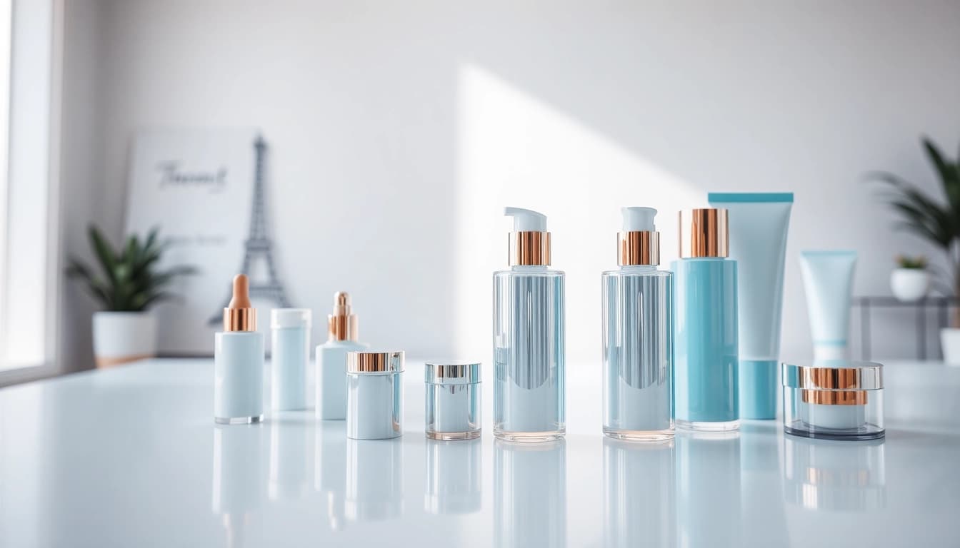 Showcase of cosmetic contract packaging services highlighting quality bottle and tube designs.