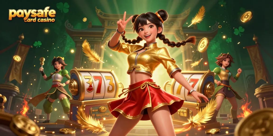 Spiele aufregende Spiele in einem Paysafe Card Casino mit lebendigen Farben und Jackpot-Spannung.