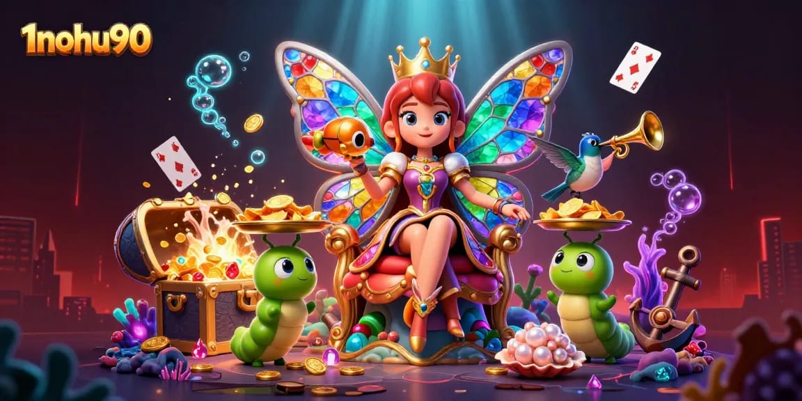 Experience the excitement at 1nohu90 with vibrant casino art depicting engaging gameplay and enchanting characters.