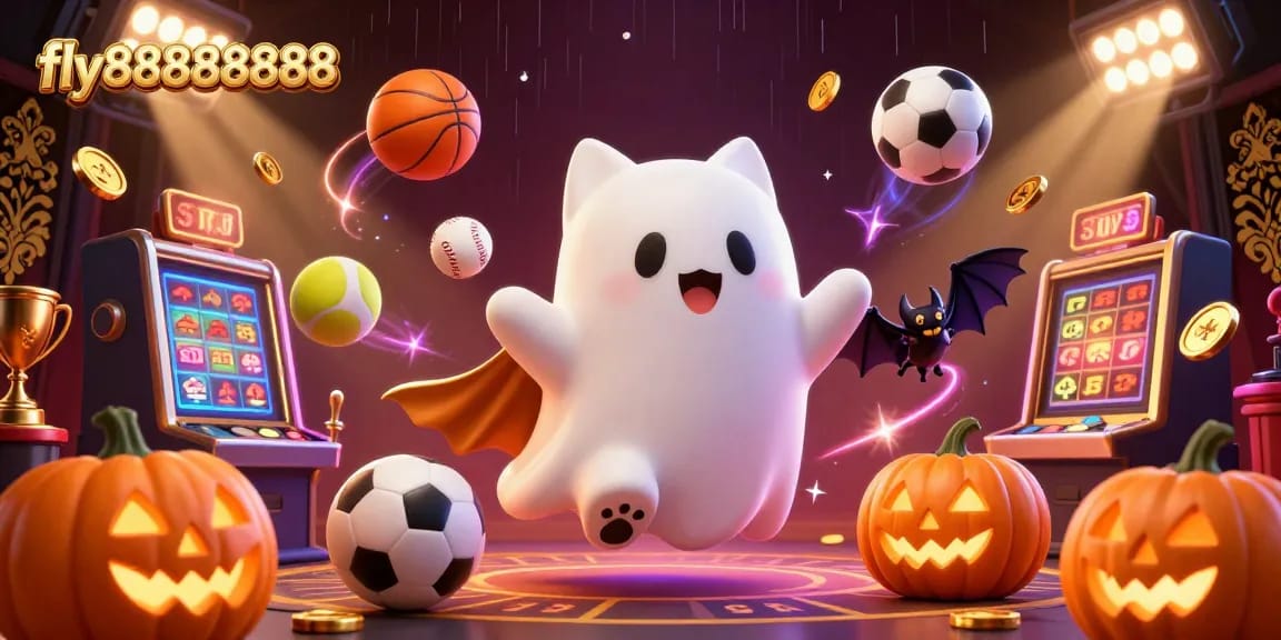 Experience thrilling gaming at fly88888888 with a ghost cat and sports betting elements lighting up the scene.