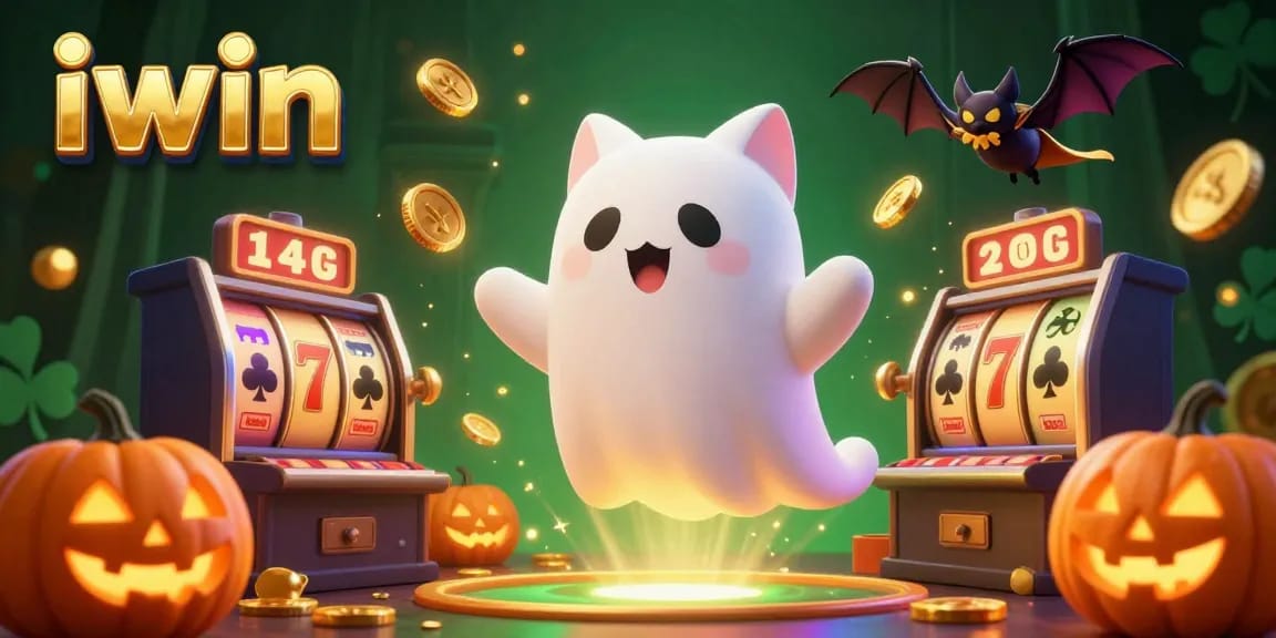 Engage with iwin's animated casino adventure featuring a ghost cat, bat, and jack-o-lanterns.
