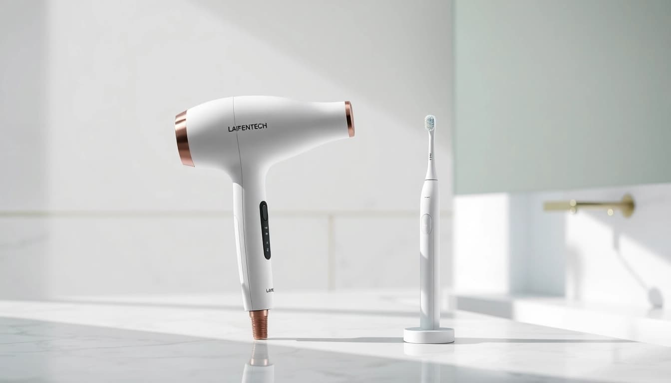 Laifentech hair dryer and electric toothbrush displayed elegantly on a marble countertop.