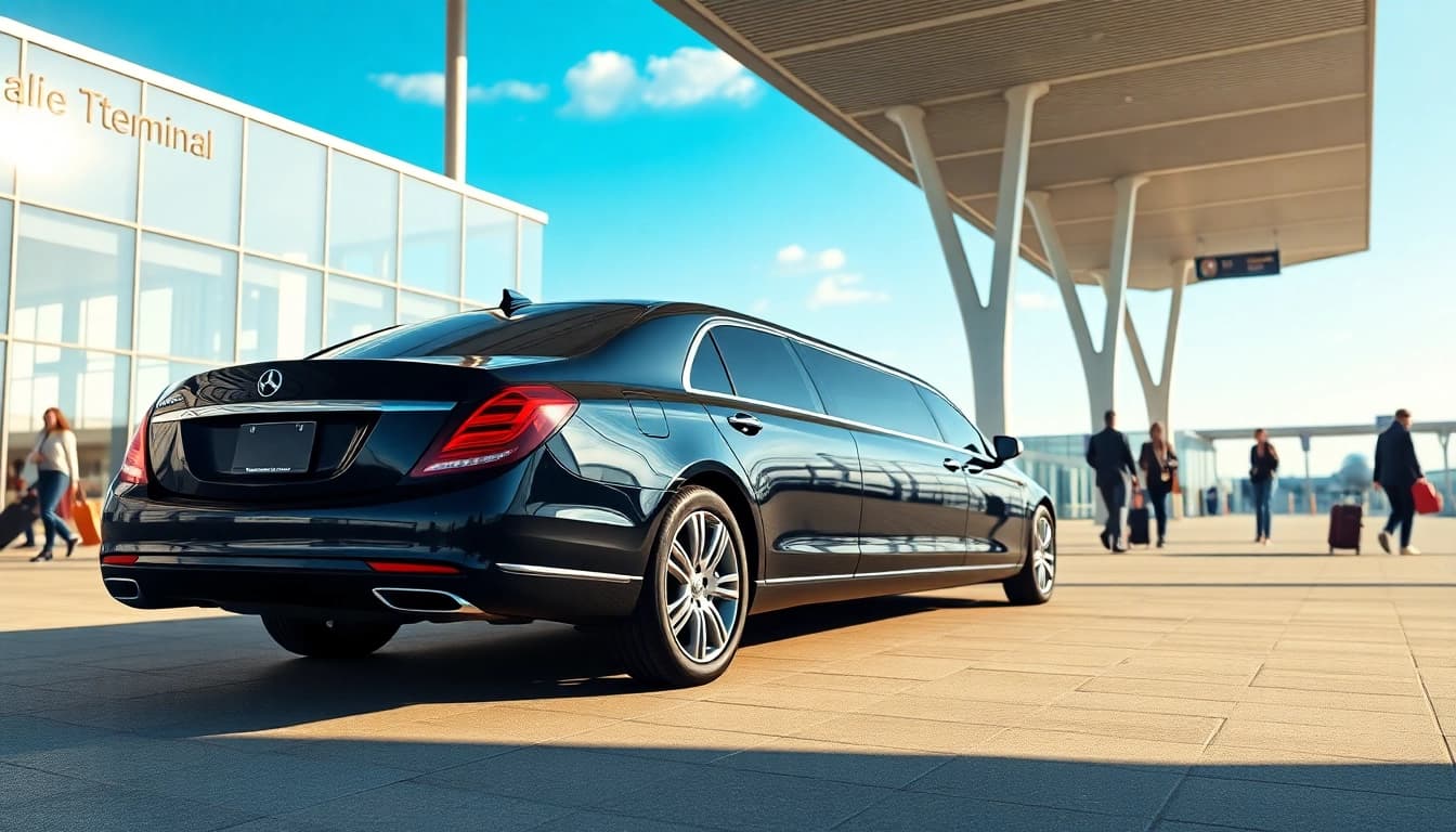 High-end airport limo parked at a terminal, inviting travelers for safe transport.