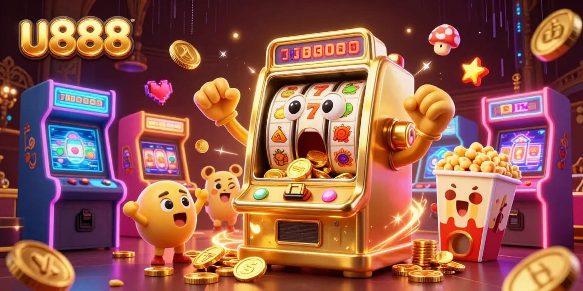 Experience exciting gameplay with u888 as the golden slot machine hits a jackpot, surrounded by cheering machines.
