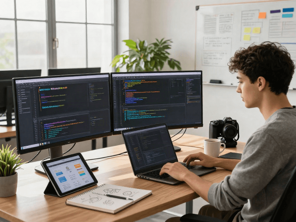 A software developer coding the GB WhatsApp APK in a modern workspace with multiple screens and tech gadgets.