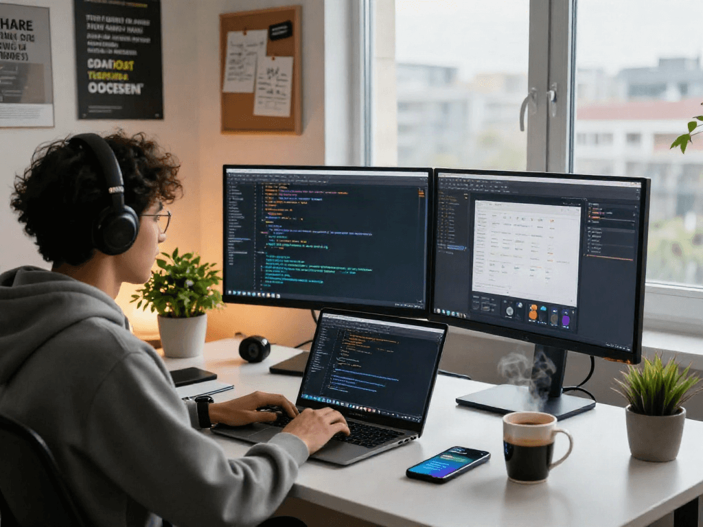 Engaging workspace with developer focused on pikashow apk download and coding, showcasing tech environment.