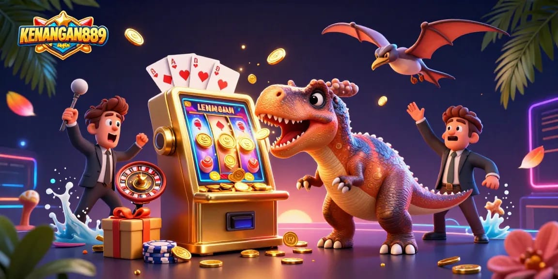 KENANGAN889 showcases a cartoon dinosaur winning on a slot machine while coins fly around.