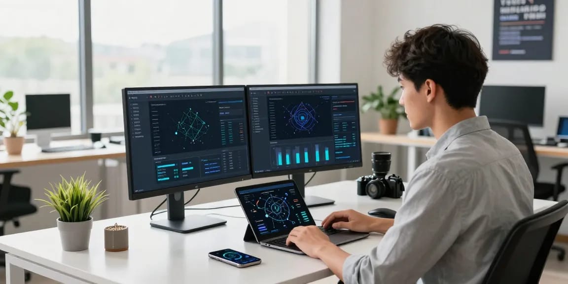 Young professional optimizing 快连 network performance at a modern workspace with dual monitors.