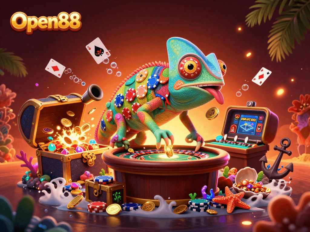 Engage with Open88 at a vibrant casino scene featuring a chromatic chameleon character collecting gold coins.