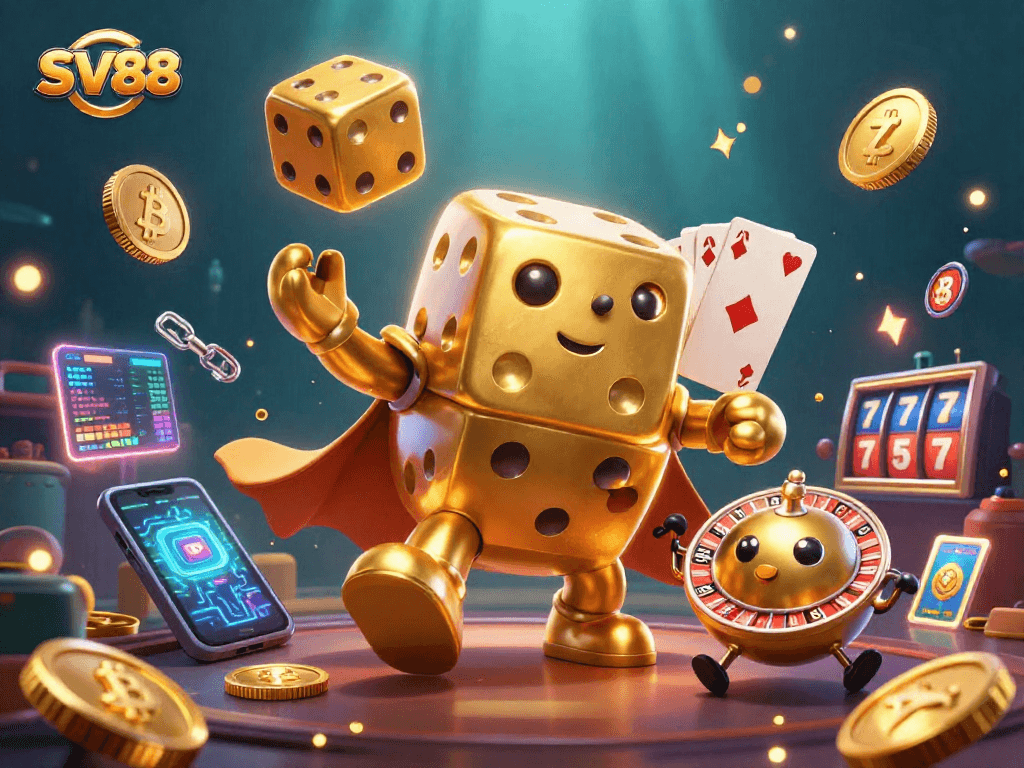 Spin and win with SV88's golden dice golem and crypto elements in a dynamic casino scene.