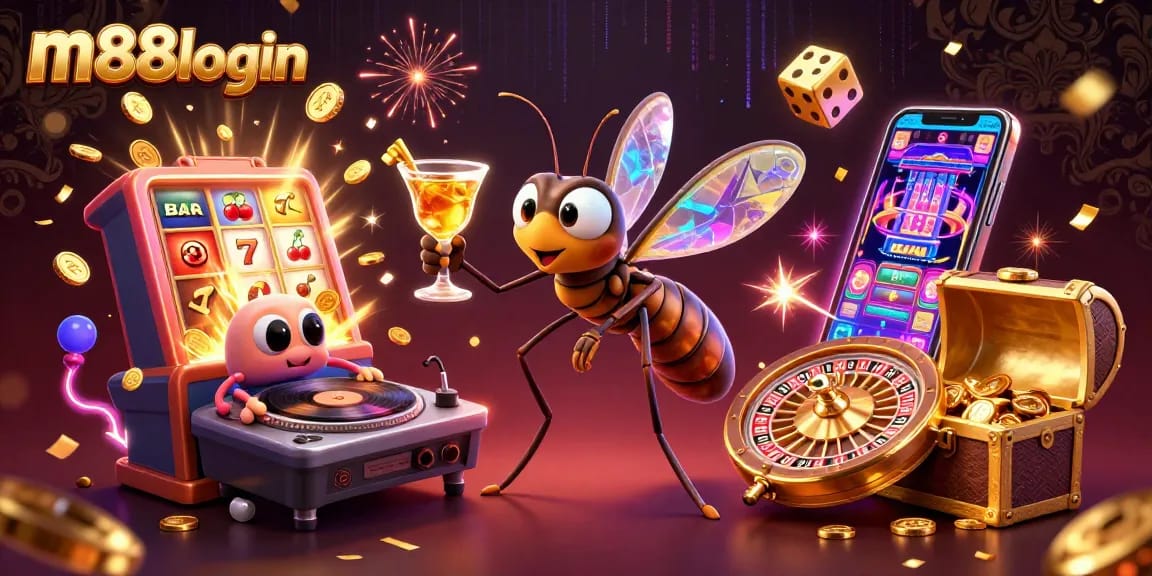 Win big at m88login with an engaging casino scene featuring colorful elements and dynamic characters.