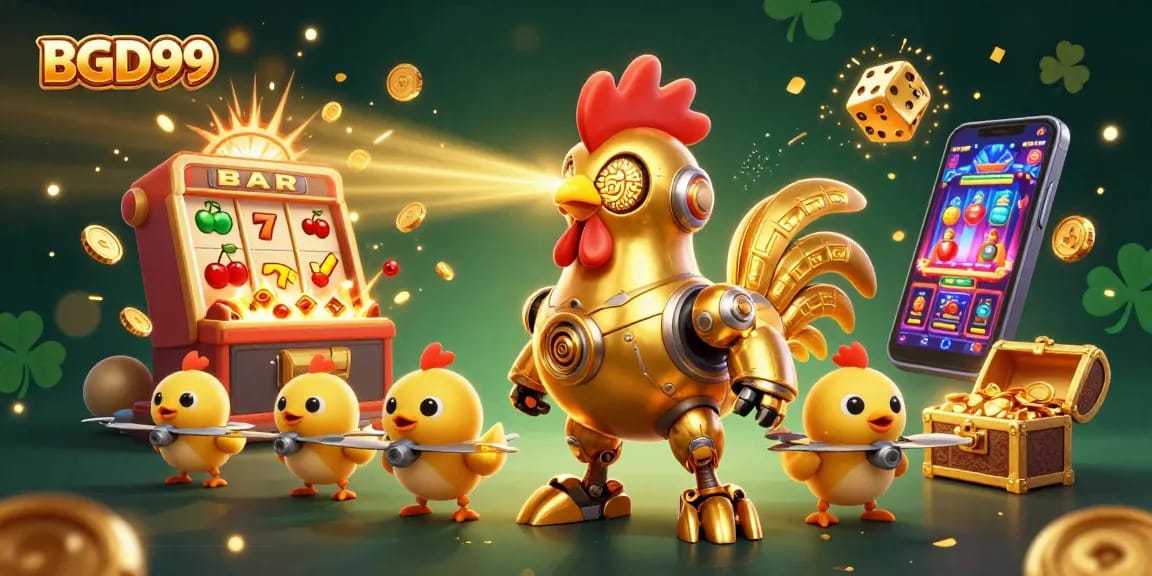 Experience the excitement of BGD99 with a dynamic scene featuring a golden rooster robot and baby chick drones amidst casino elements.