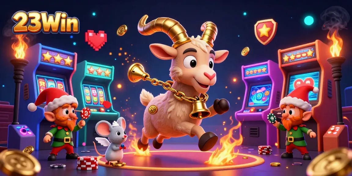 Win big at 23Win with a dynamic casino scene featuring Krampus and playful characters amidst vibrant gaming elements.