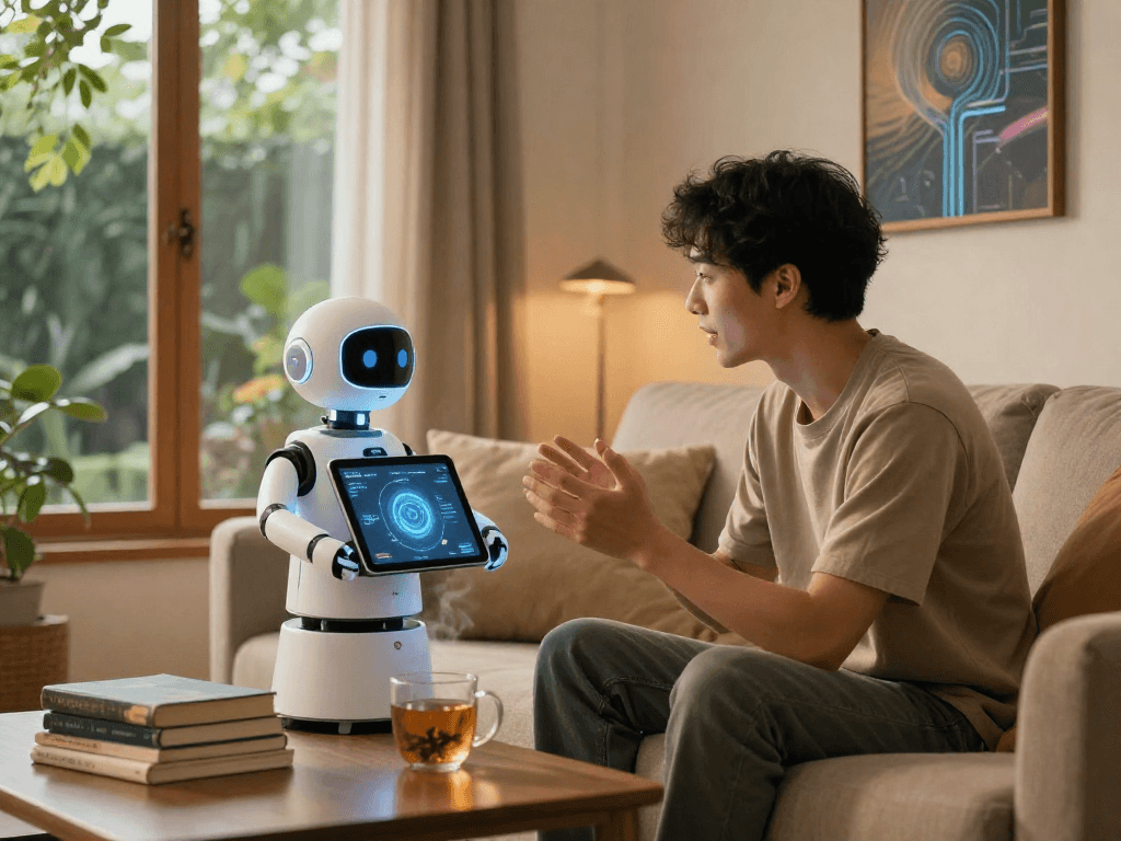 An individual enjoying a conversation with their AI companion while surrounded by cozy home decor, illustrating the role of ai gf in daily life.