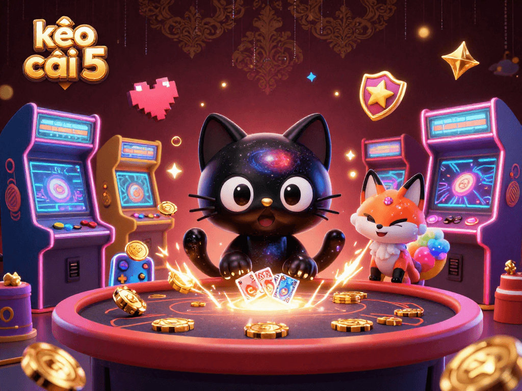 kèo nhà cái 5 captivating cosmic casino scene with a black hole cat and colorful fox