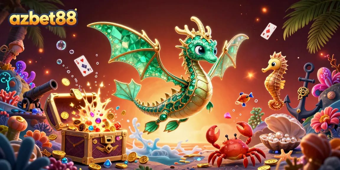 Engage with azbet88's vibrant casino adventure featuring a sea dragon and treasure.
