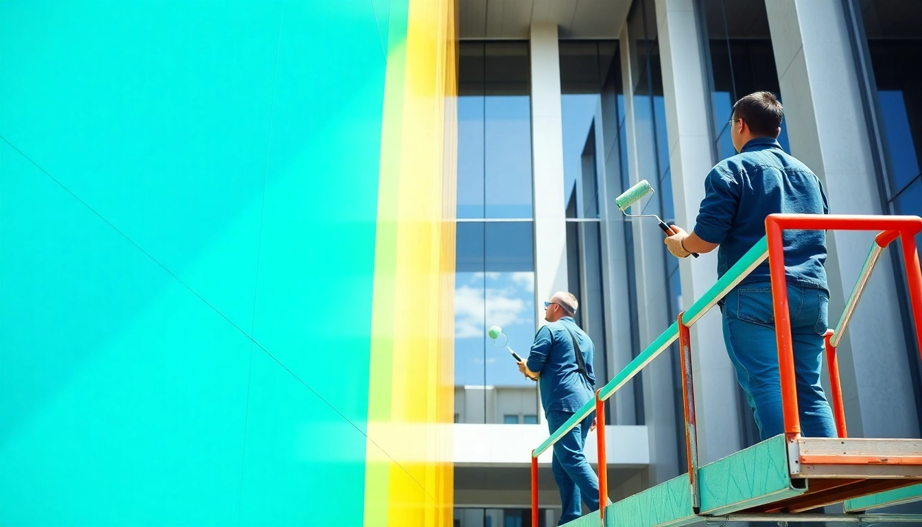 Engaging painting commercial featuring skilled painters at work on a modern building's exterior.