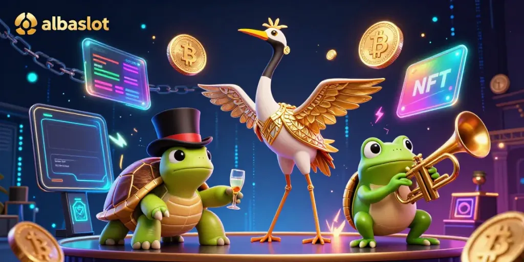 Menggambarkan albaslot dengan karakter ceria di bar perjudian era 1920-an, dikelilingi koin cryptocurrency dan elemen permainan interaktif.
