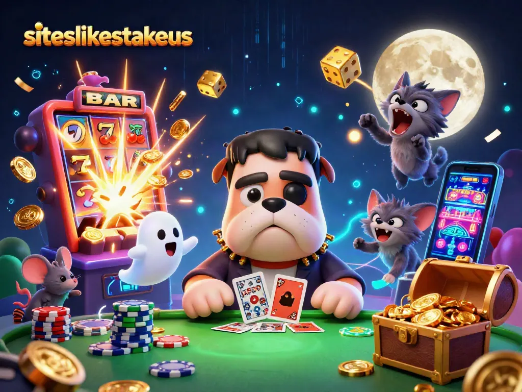 Engage with thrilling games at siteslikestakeus with a lively cartoon casino scene, featuring unique characters and vibrant elements.