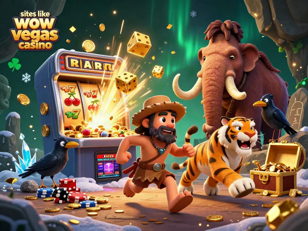 Experience thrilling gameplay at sites like wow vegas casino with a vibrant 3D casino illustration featuring a caveman and a sabertooth tiger.