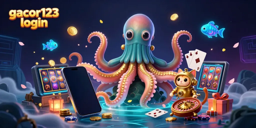 Experience the excitement of gacor123 login with colorful slots, a diving cat, and a kraken emerging from treasure!
