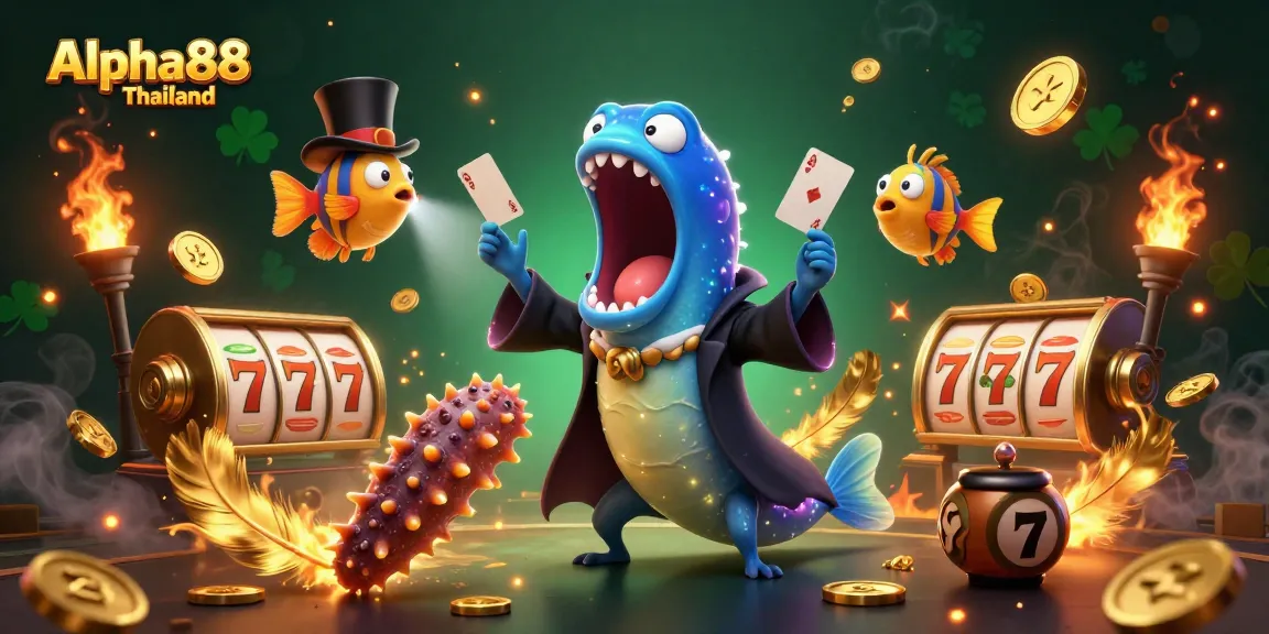 Experience Alpha88 Thailand with a vibrant casino scene featuring lively characters and magical elements.