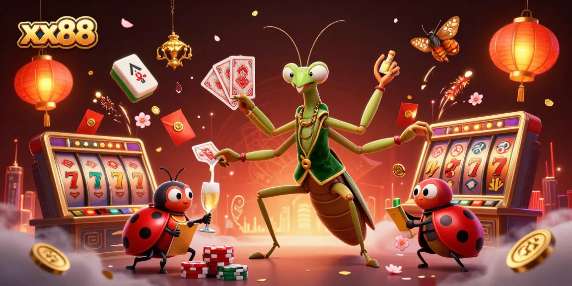 Experience high-stakes gaming fun at xx88 with vibrant scenes of slot machines and animated characters.