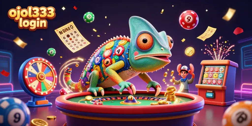 Engage with vibrant gambling energy in this ojol333 login themed 3D illustration, showcasing dynamic casino elements.