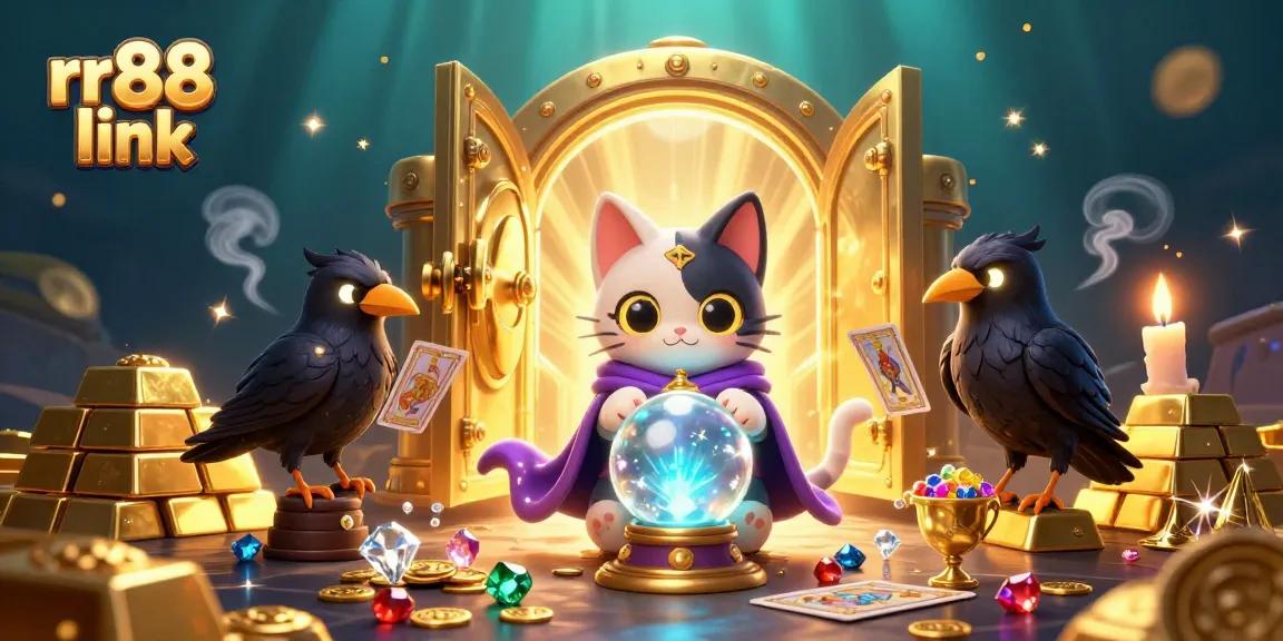 Engage with the thrilling rr88 link featuring a mystical fortune teller cat, casino gems, and treasure.