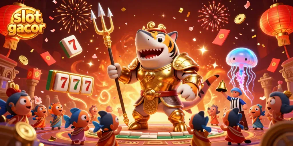Experience the thrill of slot gacor with a fierce tiger shark in an aquatic colosseum, surrounded by casino elements.