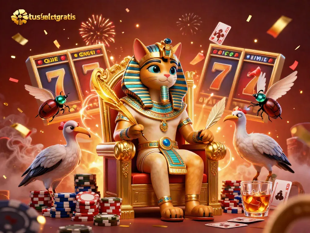 Play slot games online with situs slot gratis, featuring vibrant 3D Egyptian-themed characters and casino elements.
