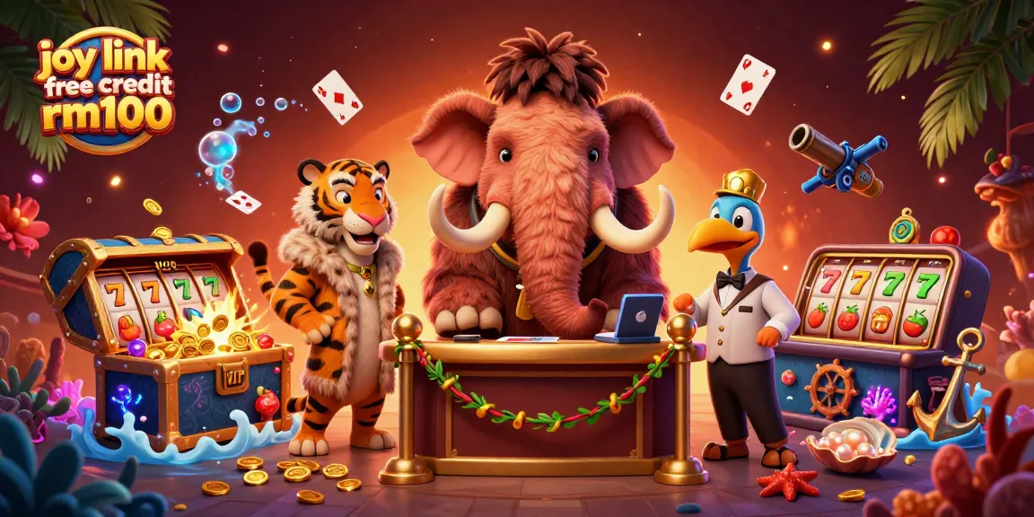 Experience joy link free credit rm100 with exciting gaming characters in a vibrant 3D casino scene.