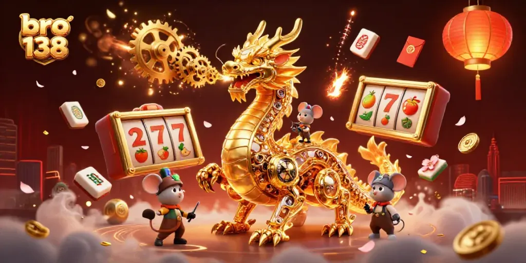 Engage in gaming excitement with bro 138 featuring a golden dragon, slot reels, and festive elements