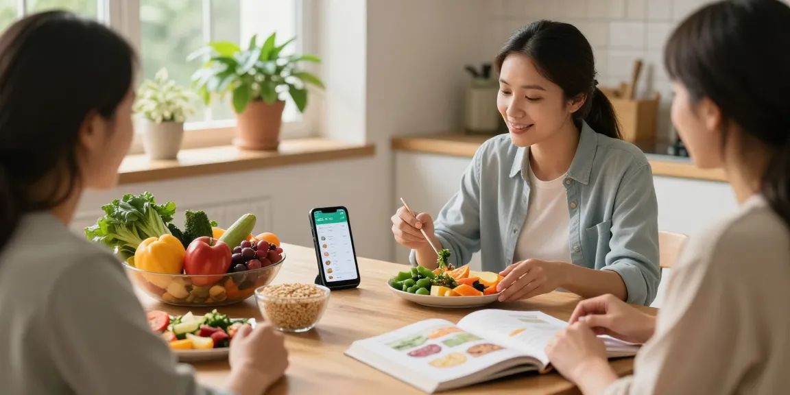 Engaging kitchen discussion on the best food tracker with healthy meals and app interface.
