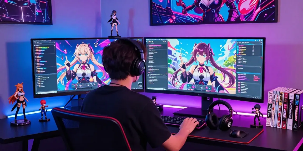 Engaging scene of ai ecchi chat interaction at a futuristic gaming setup, showcasing animated characters and vibrant neon lighting.