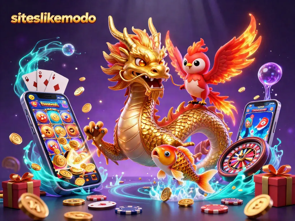 Experience thrilling gaming with siteslikemodo, featuring a dragon and phoenix amidst flowing coins and slot games.