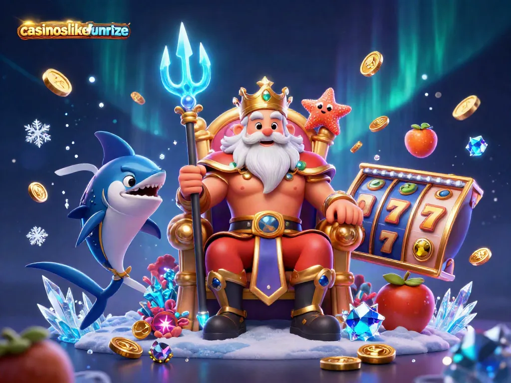 Engaging action scene showcasing casinoslikefunrize, featuring Neptune and gaming elements like slot reels.