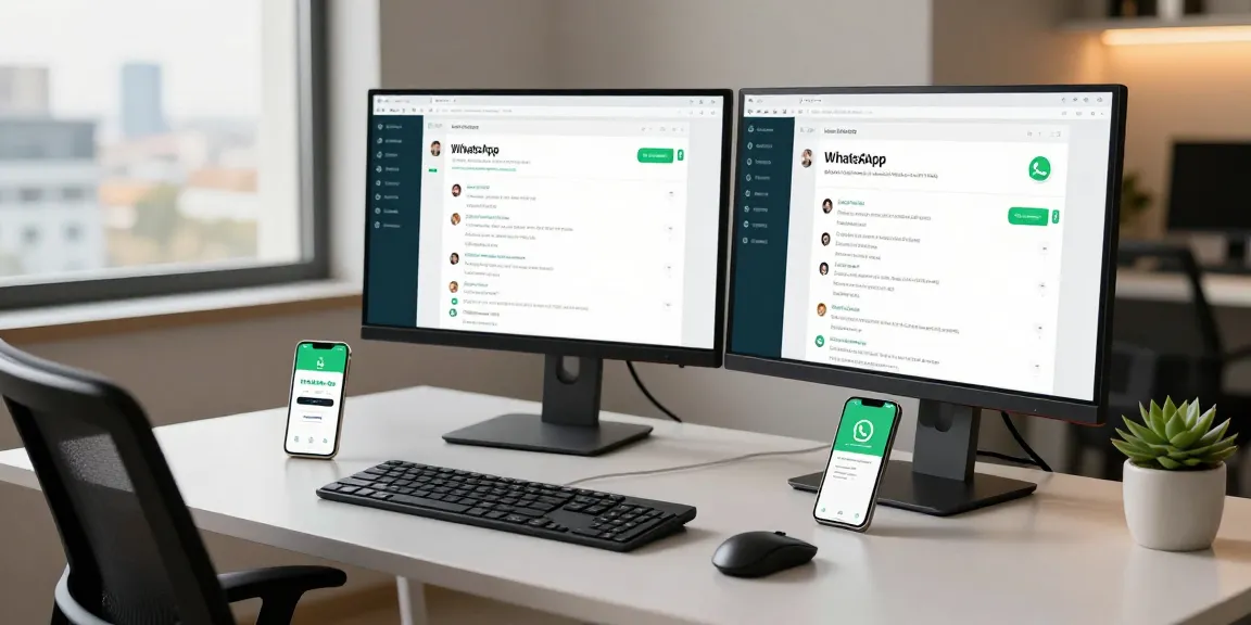 Developer using WhatsApp網頁版 on dual monitors in a modern workspace.