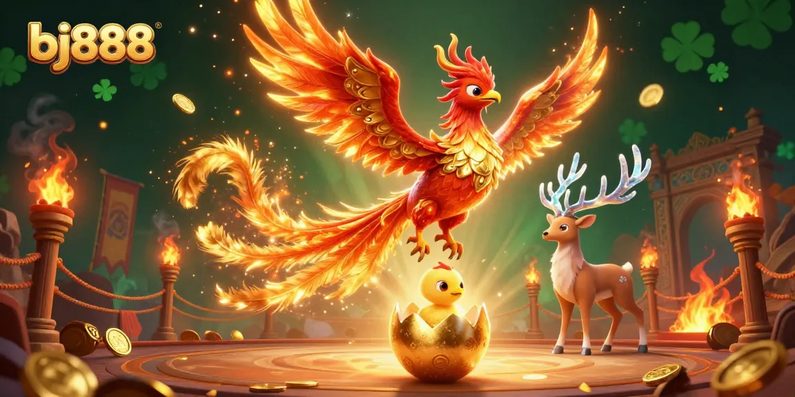 Experience dynamic action at bj888 with a vibrant fire phoenix and baby phoenix scene amidst a gambling arena.