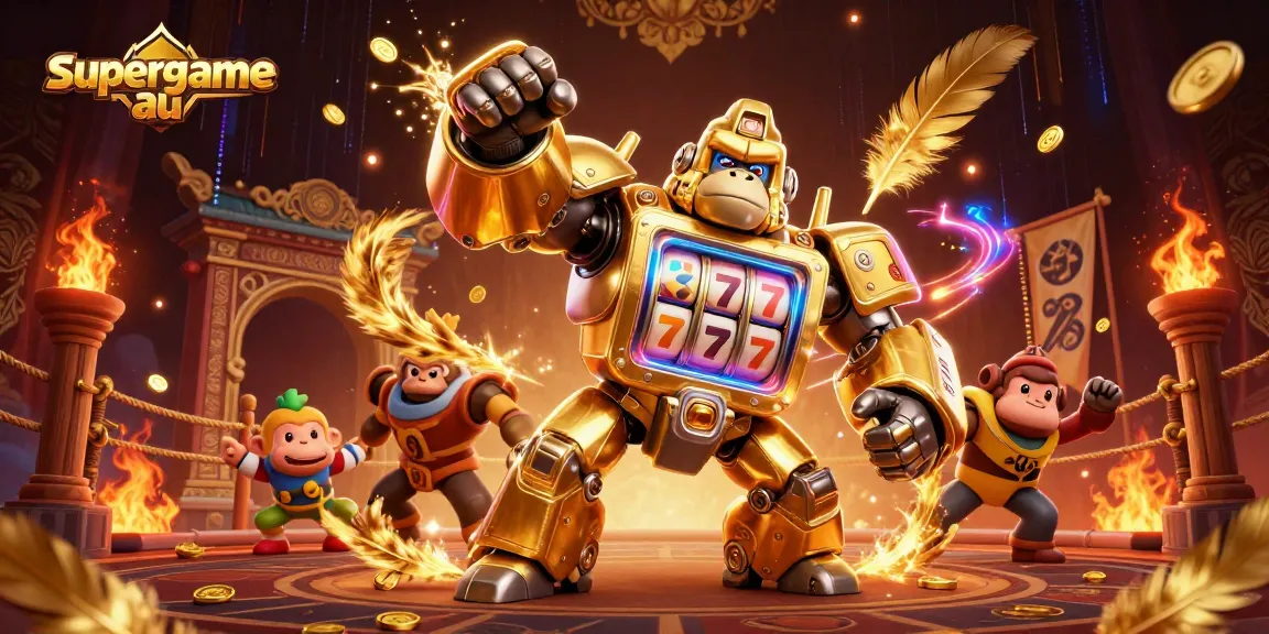 Experience thrilling gameplay with supergame au's 3D transformer gorilla mech in a vibrant casino scene.