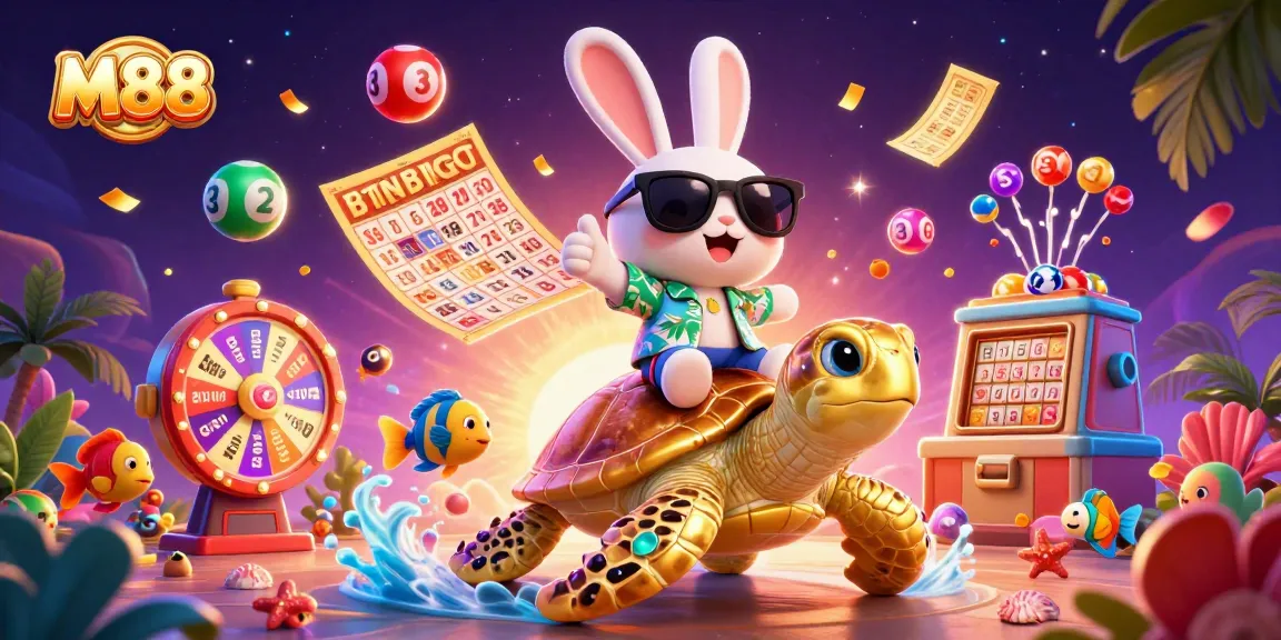 Experience festive gaming at M88 with playful cartoon characters and a vibrant lottery scene.