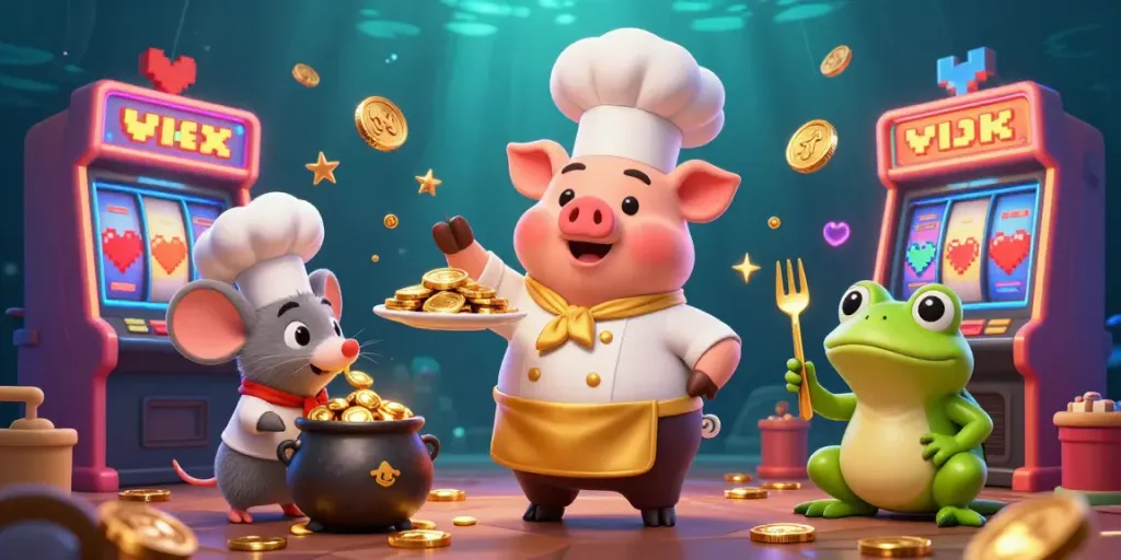 Bet big with Kèo nhà cái as the 3D chef pig serves gold coins in a lively casino scene.