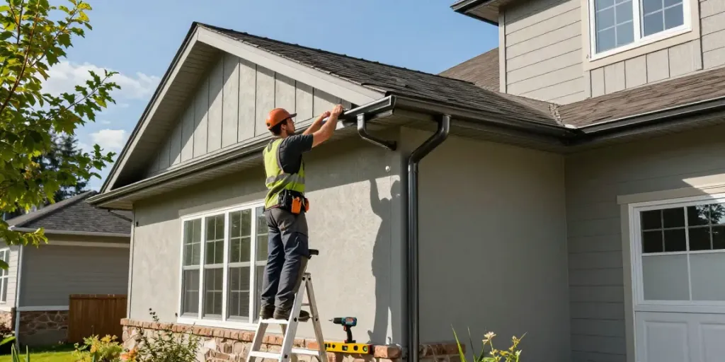 Spokane gutter company technician installing seamless gutters on a residential home